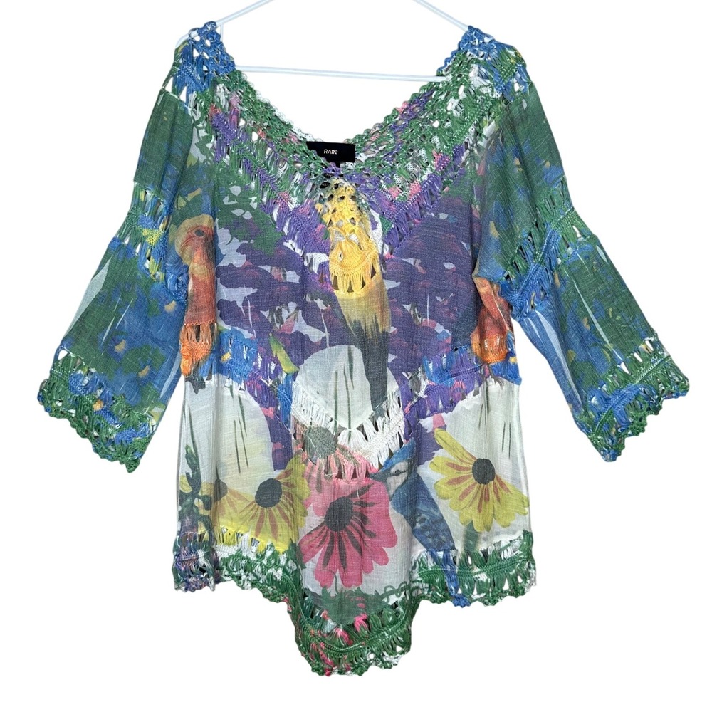 RAIN Boho Bird Floral‎ Crochet V Neck Tunic Top Shirt Women's Size L Art To Wear